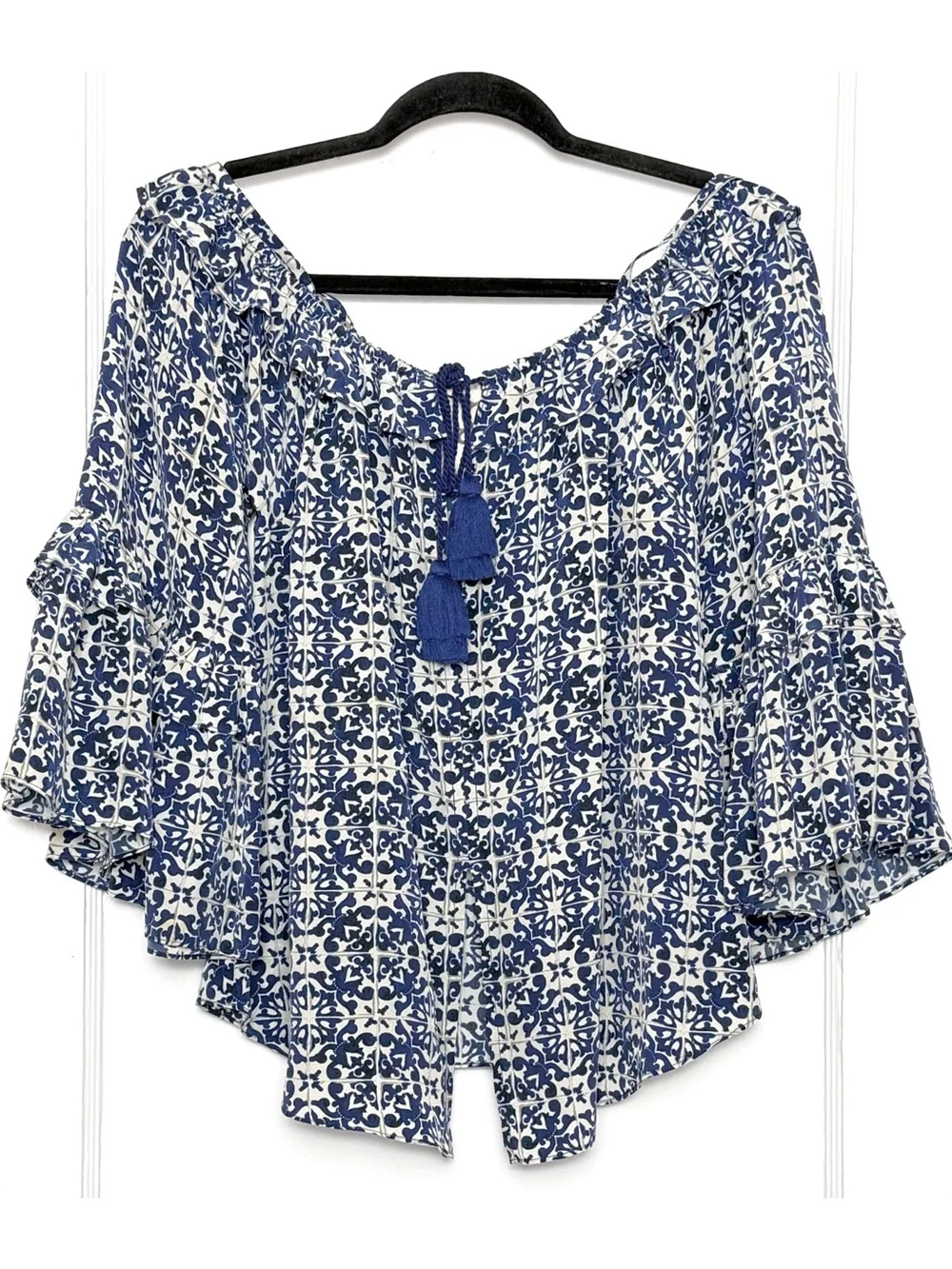 FIGUE Silk Tile Print Off Shoulder Ruffle Bell Sleeve Coquette Tassel Top XS